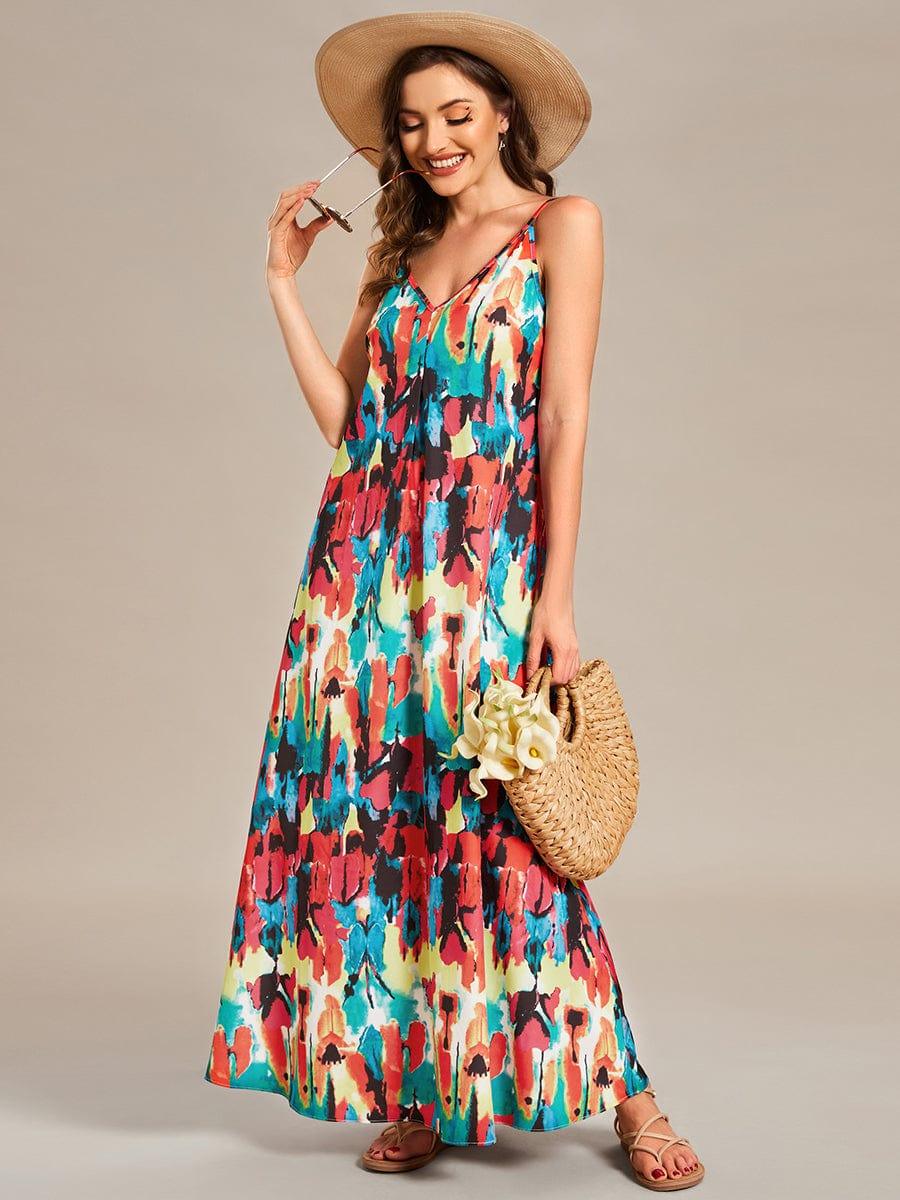 Robe d'été Plage Vacances maxi ample à bretelles fines A Ligne #Couleur_Noir Imprime Robe d'été Plage Vacances maxi ample à bretelles fines A Ligne