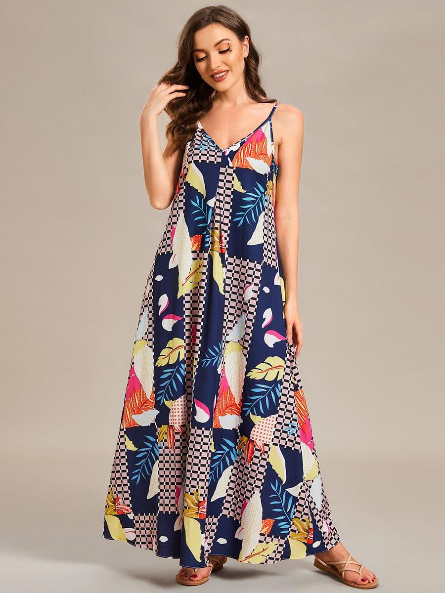 Robe d'été Plage Vacances maxi ample à bretelles fines A Ligne #Couleur_Noir Imprime Robe d'été Plage Vacances maxi ample à bretelles fines A Ligne