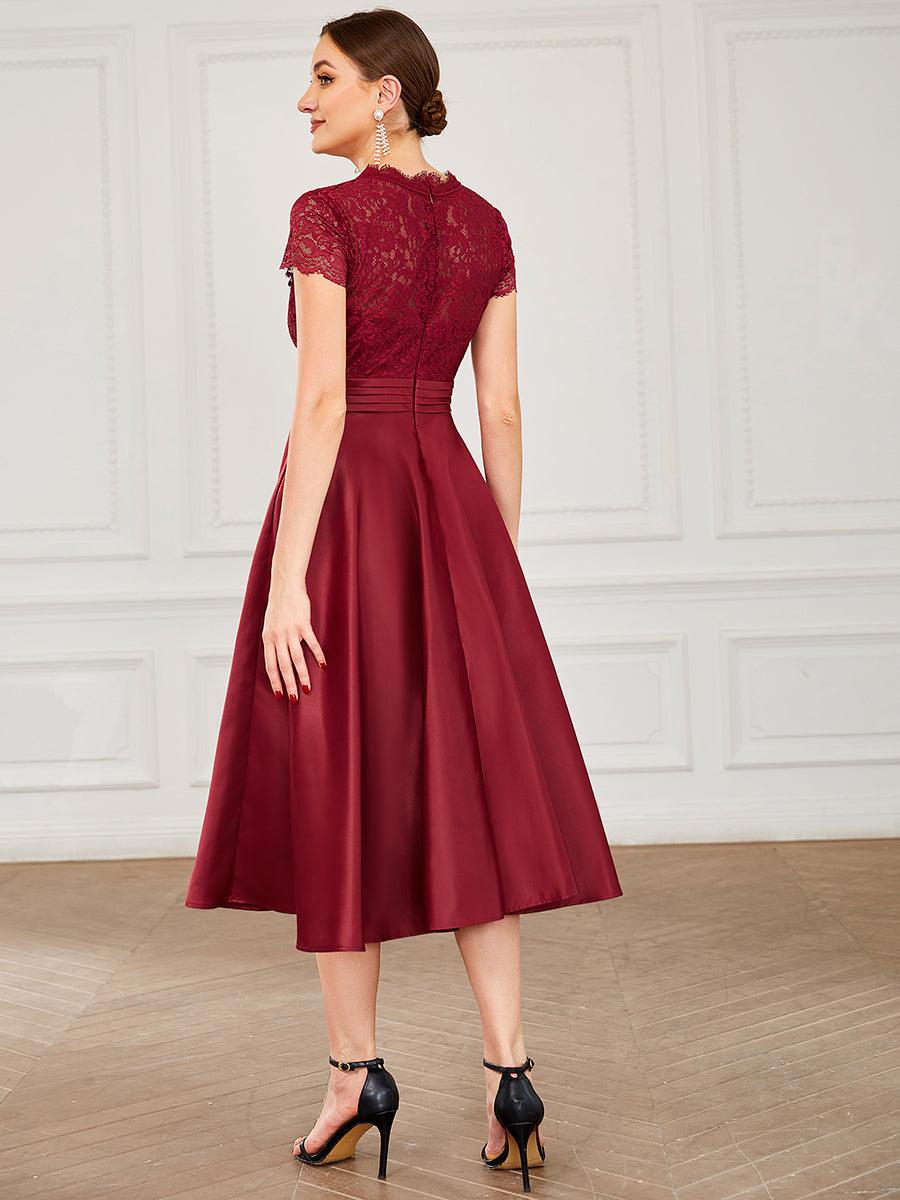 Élégante Robe mariage invitée mi-longue à manches courtes #Couleur_Bordeaux