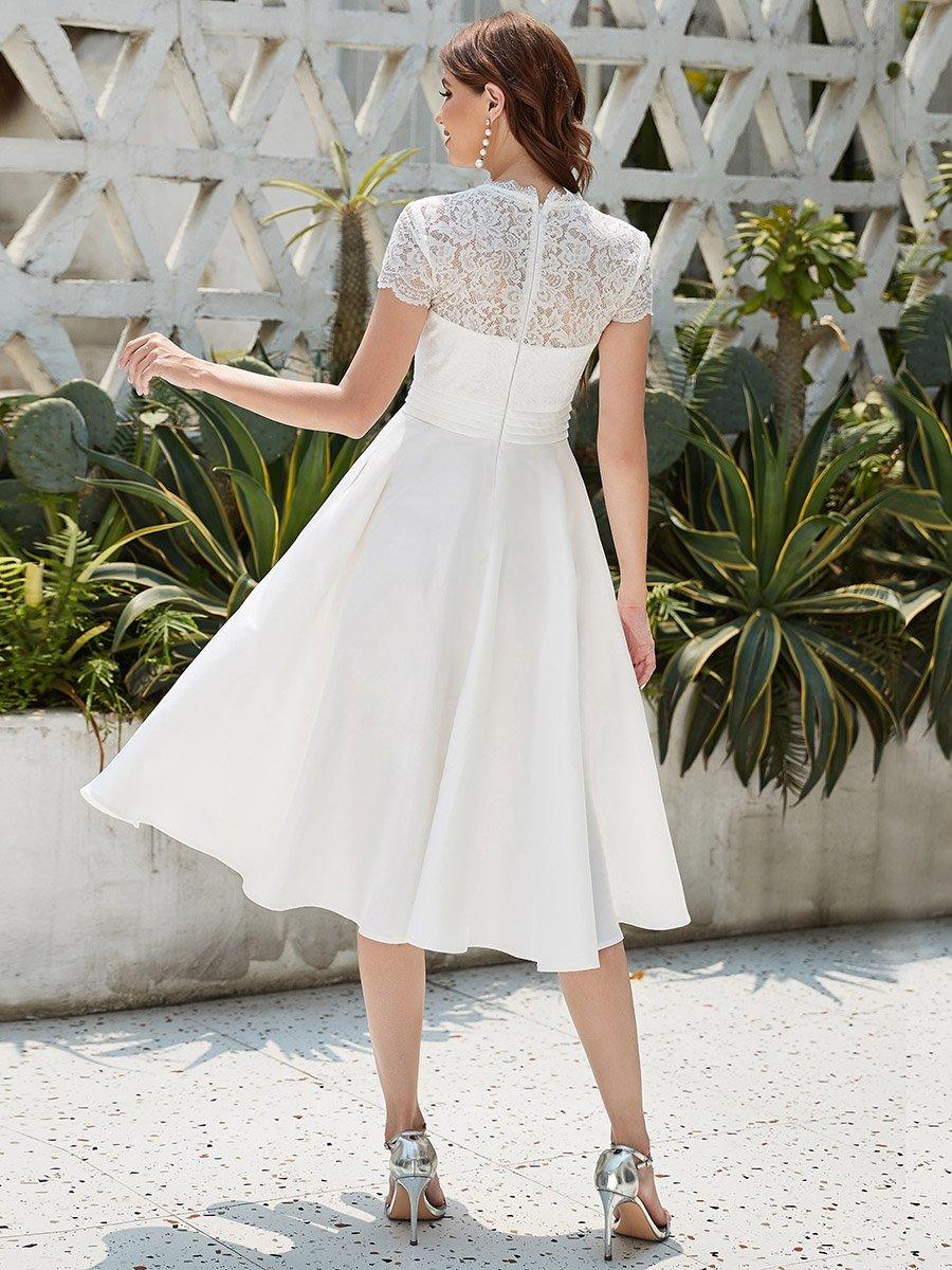 Élégante robe de soirée mi-longue à manches courtes et à fleurs brodées à col en V #Couleur_Blanc