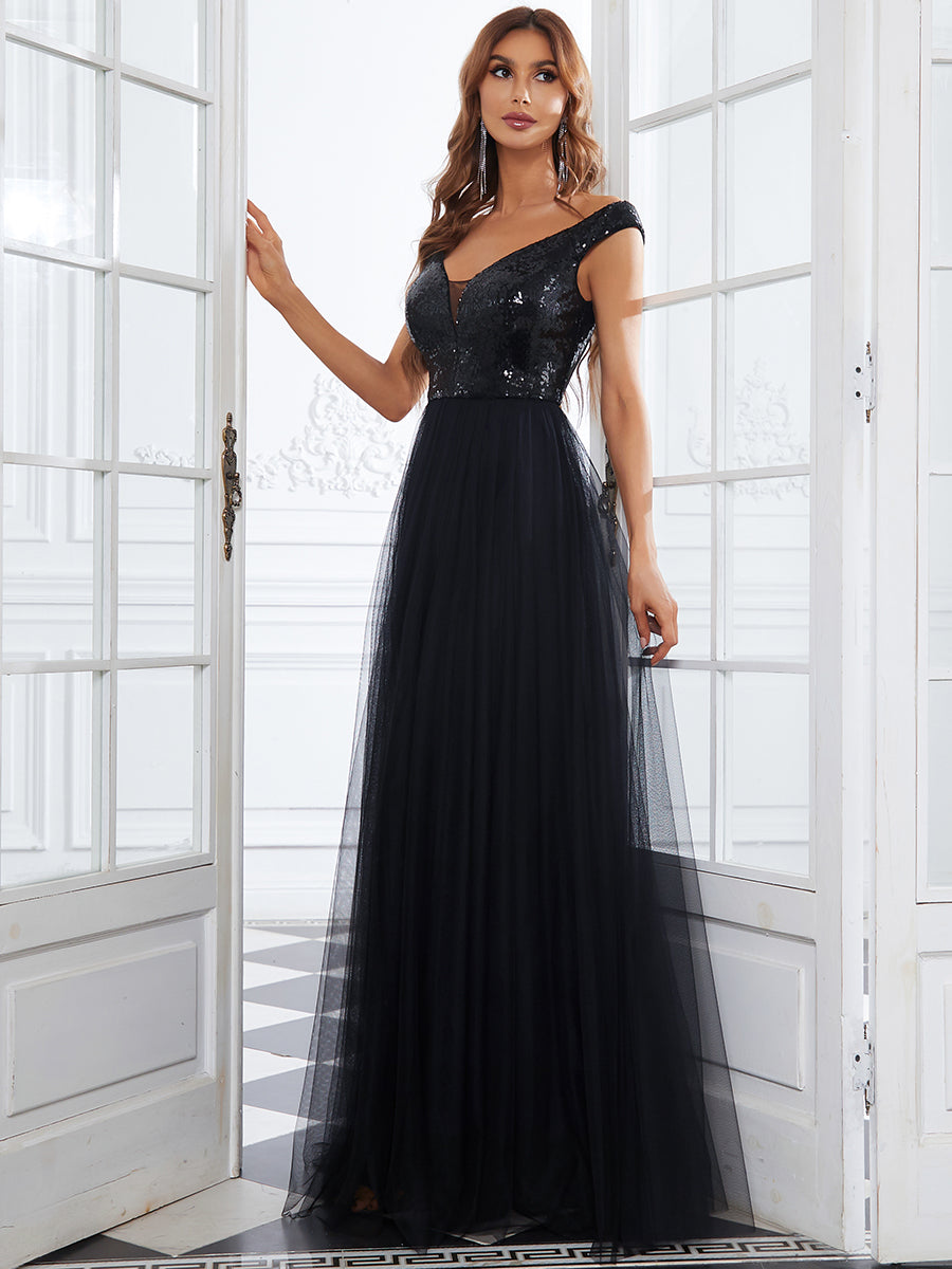 Taille personnalisée Robe de soirée sans manches paillettes taille haute #Couleur_Bleu Marine Taille personnalisée Robe de soirée sans manches paillettes taille haute