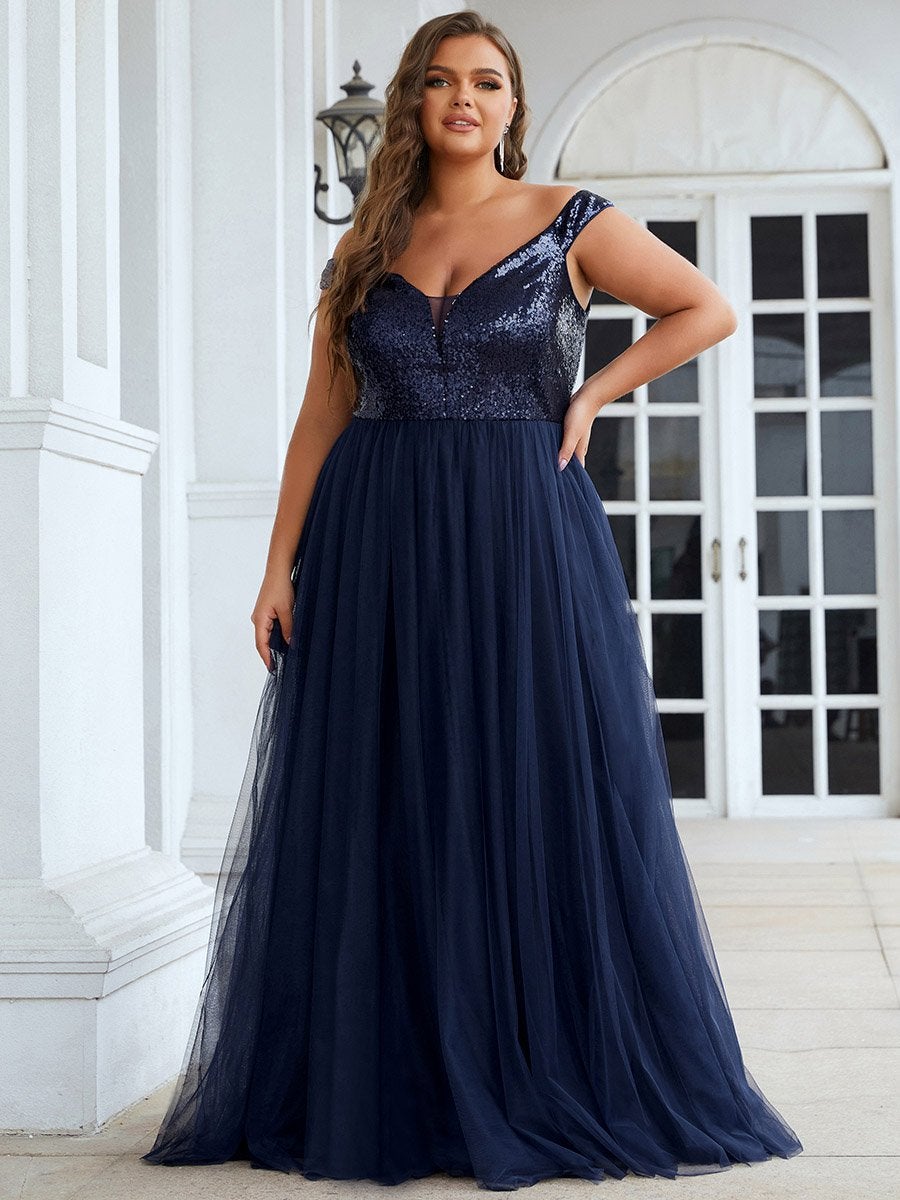 Taille personnalisée Robe de soirée sans manches paillettes taille haute #Couleur_Bleu Marine Taille personnalisée Robe de soirée sans manches paillettes taille haute