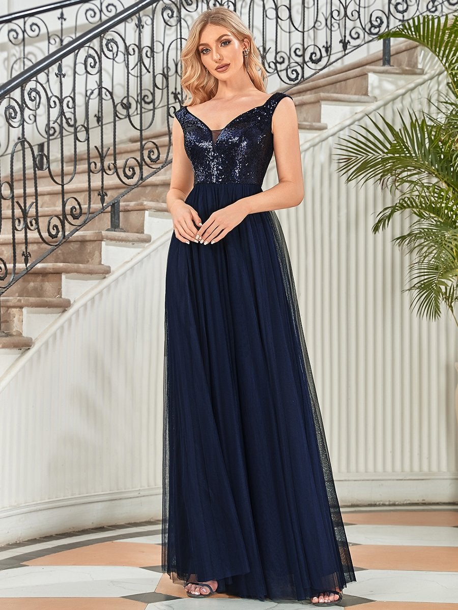 Taille personnalisée Robe de soirée sans manches paillettes taille haute #Couleur_Bleu Marine Taille personnalisée Robe de soirée sans manches paillettes taille haute