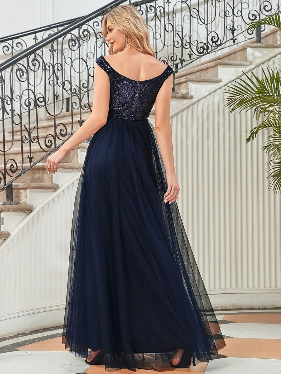 Taille personnalisée Robe de soirée sans manches paillettes taille haute #Couleur_Bleu Marine Taille personnalisée Robe de soirée sans manches paillettes taille haute