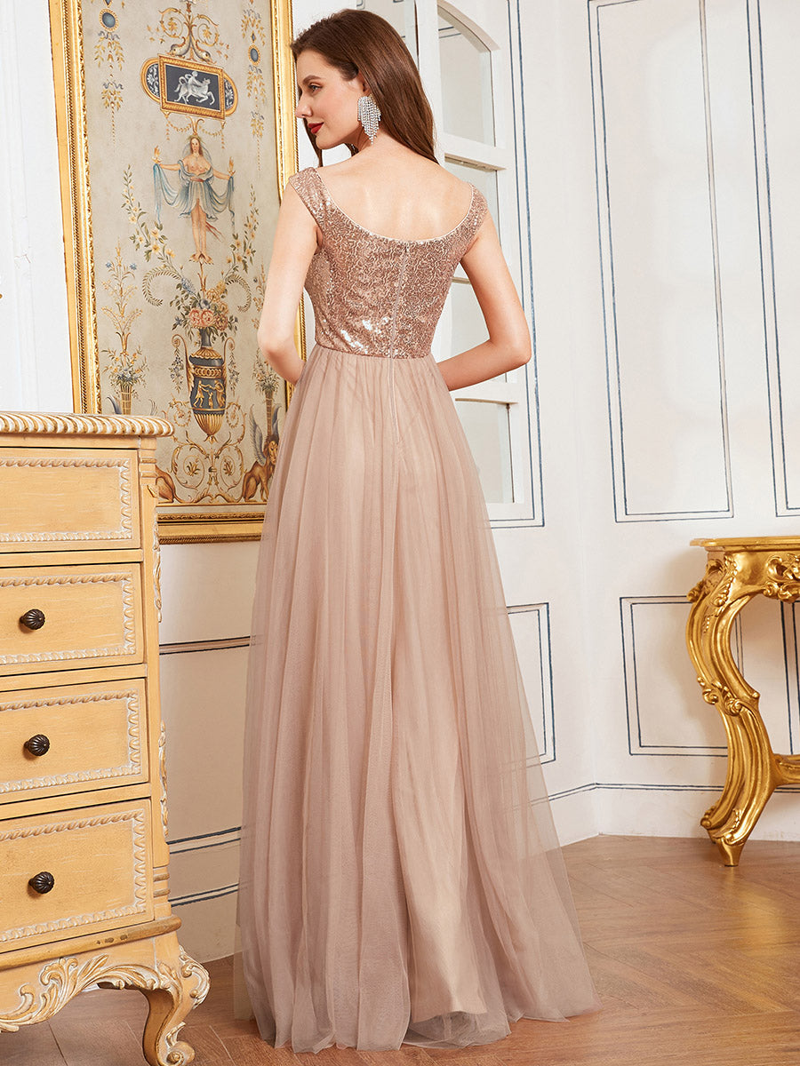 Superbe robe de soirée sans manches en tulle et paillettes taille haute #Couleur_Or rose