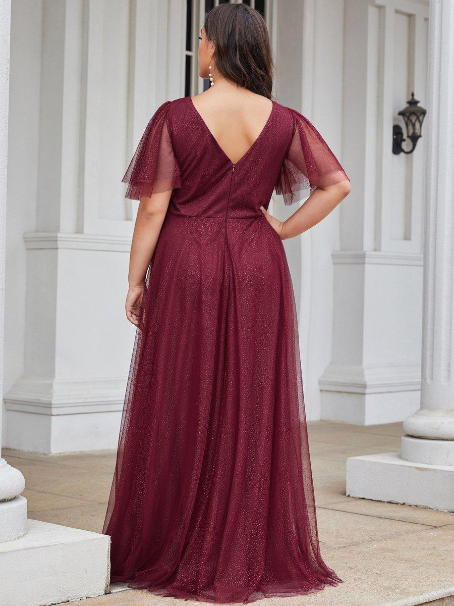 Robe de soirée romantique en tulle grande taille avec col en V profond #Couleur_Bordeaux
