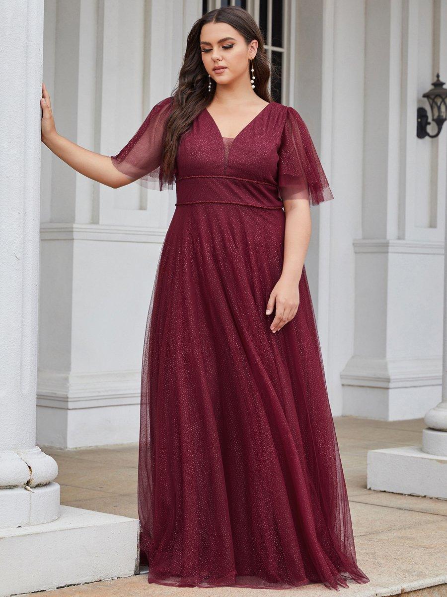 Robe de soirée romantique en tulle grande taille avec col en V profond #Couleur_Bordeaux