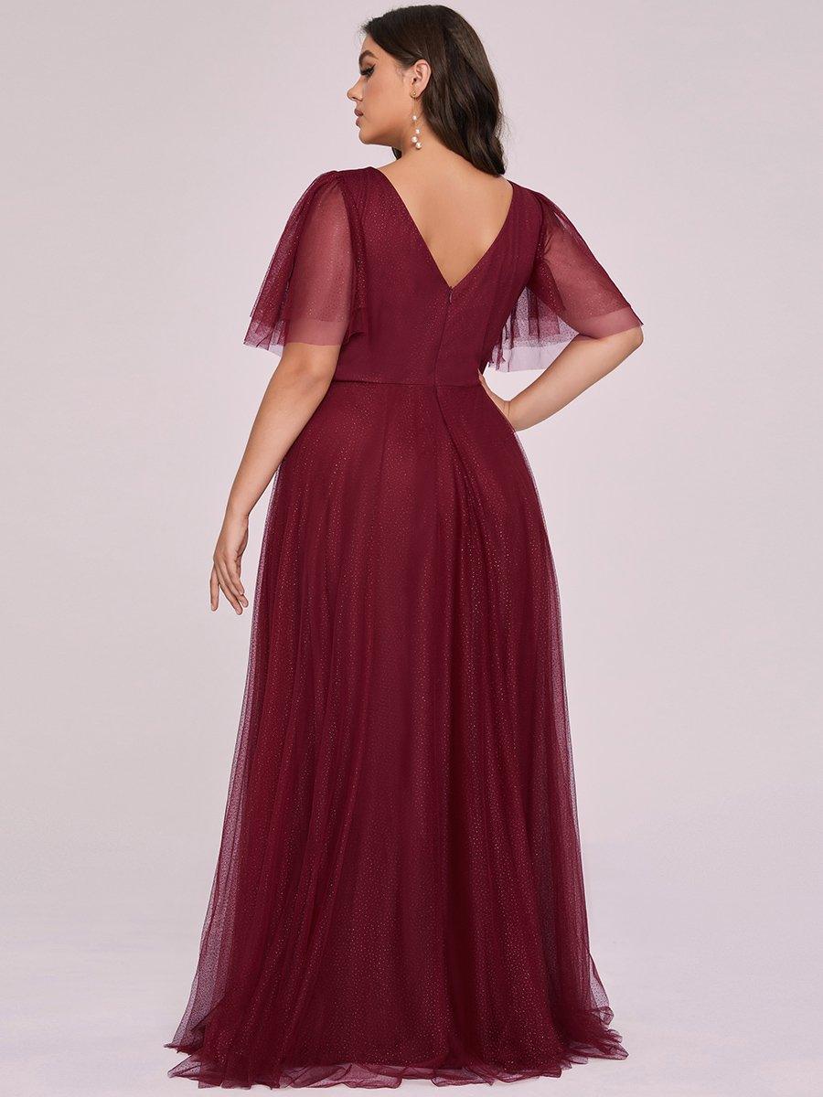 Robe de soirée romantique en tulle grande taille avec col en V profond #Couleur_Bordeaux
