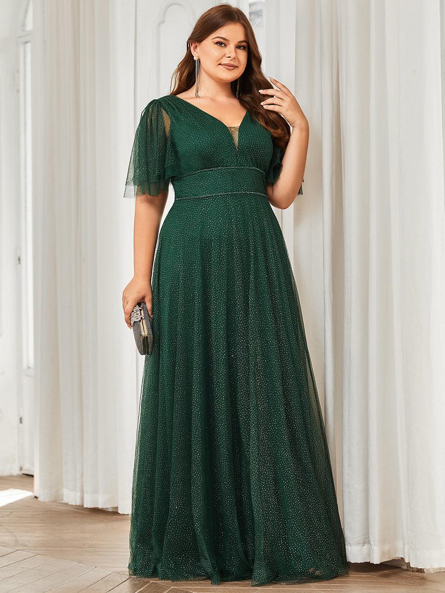 Robe de soirée romantique en tulle grande taille avec col en V profond #Couleur_Vert Fonce