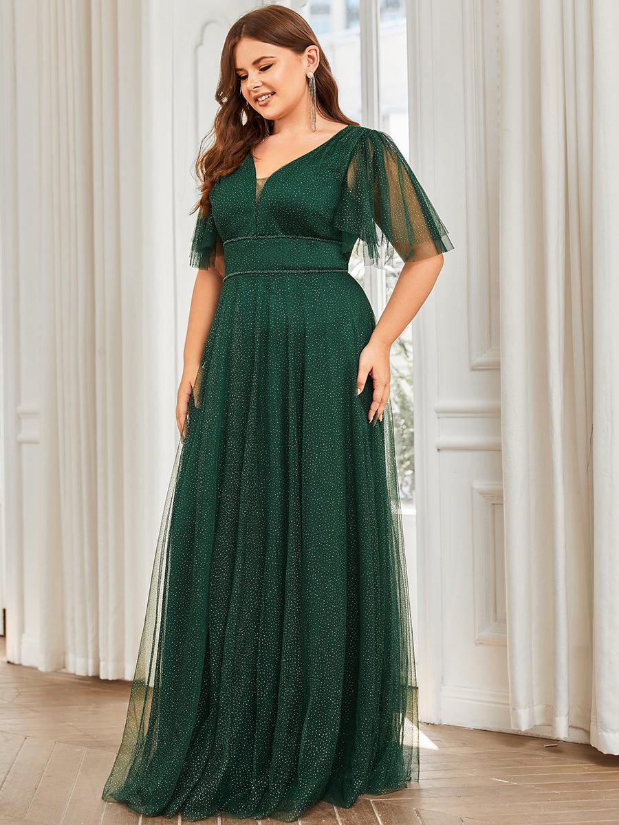 Robe de soirée romantique en tulle grande taille avec col en V profond #Couleur_Vert Fonce