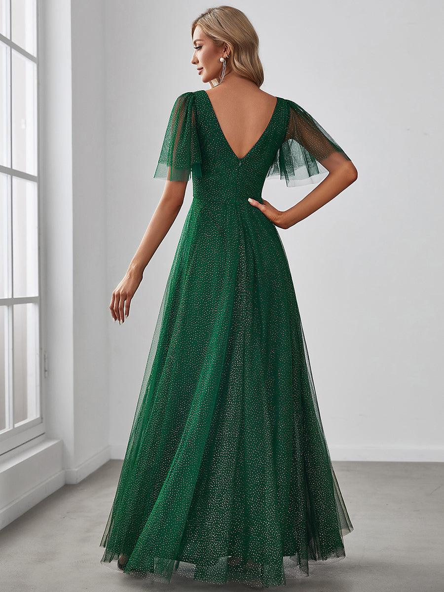Jolie robe de soirée longue en tulle avec col en V profond #Couleur_Vert Fonce