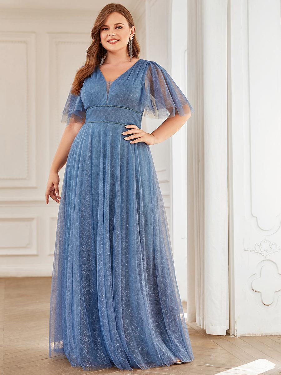 Robe de soirée romantique en tulle grande taille avec col en V profond #Couleur_Marine Fume