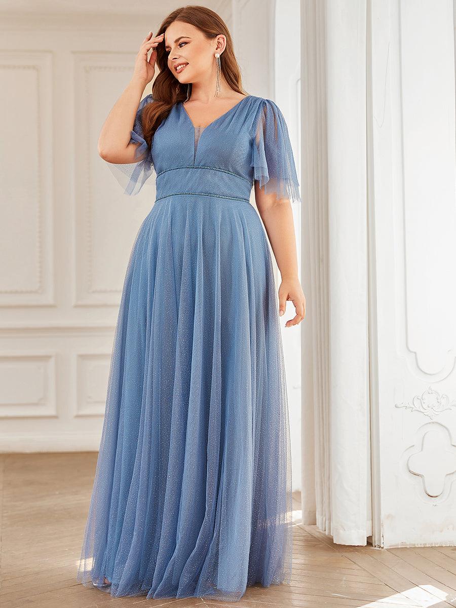Robe de soirée romantique en tulle grande taille avec col en V profond #Couleur_Marine Fume