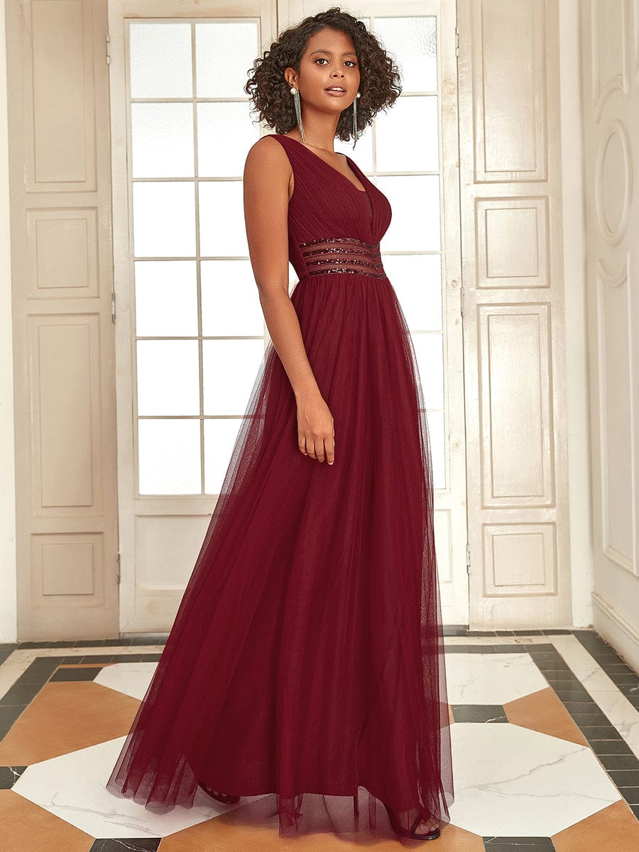 Robe de soirée longue à sequins et col en V sans manches #Couleur_Bordeaux Robe de soirée longue à sequins et col en V sans manches