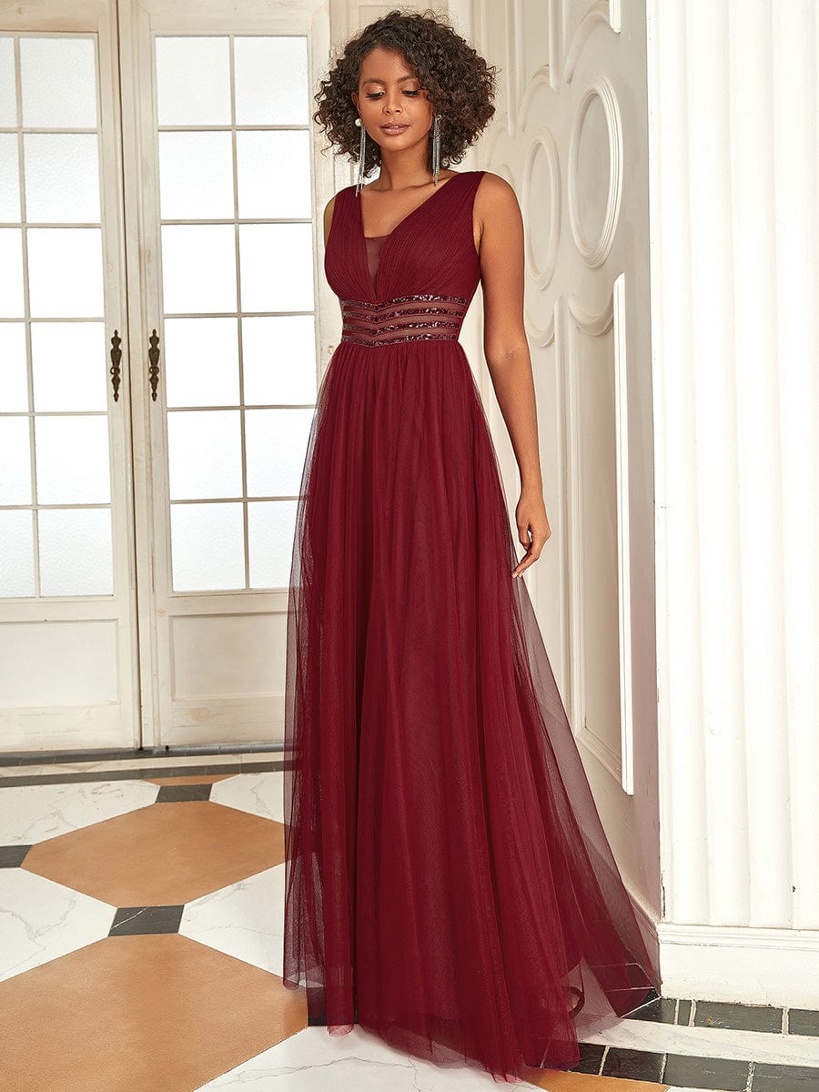Robe de soirée longue à sequins et col en V sans manches #Couleur_Bordeaux Robe de soirée longue à sequins et col en V sans manches