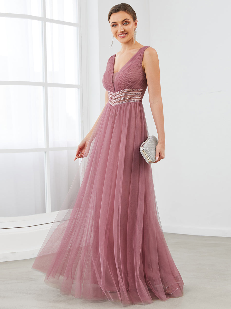 Robe de soirée longue à sequins et col en V sans manches #Couleur_Bordeaux Robe de soirée longue à sequins et col en V sans manches