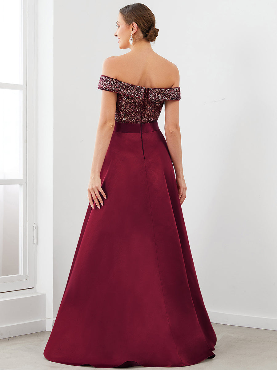 Robe de soirée mi-haute scintillante à épaules dénudées #Couleur_Bordeaux Robe de soirée mi-haute scintillante à épaules dénudées