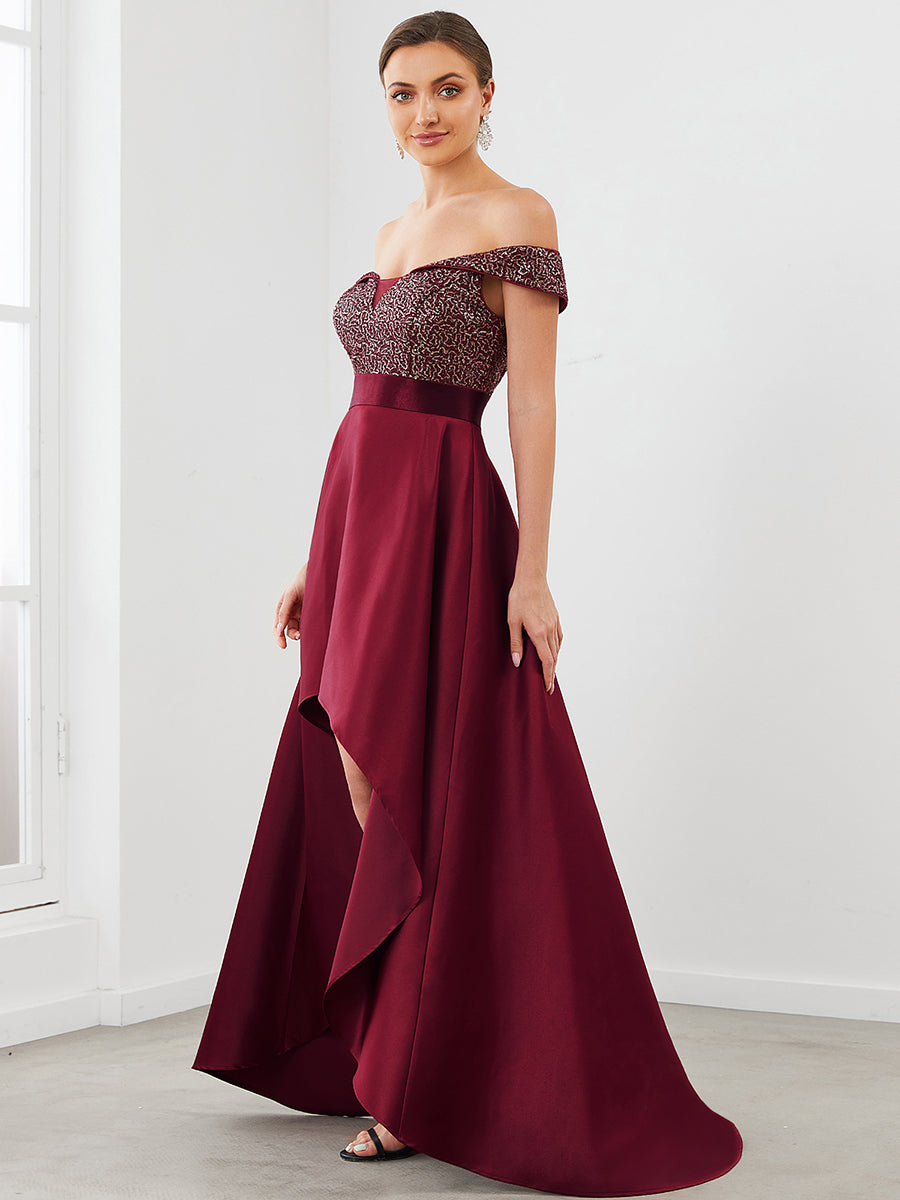 Robe de soirée mi-haute scintillante à épaules dénudées #Couleur_Bordeaux Robe de soirée mi-haute scintillante à épaules dénudées