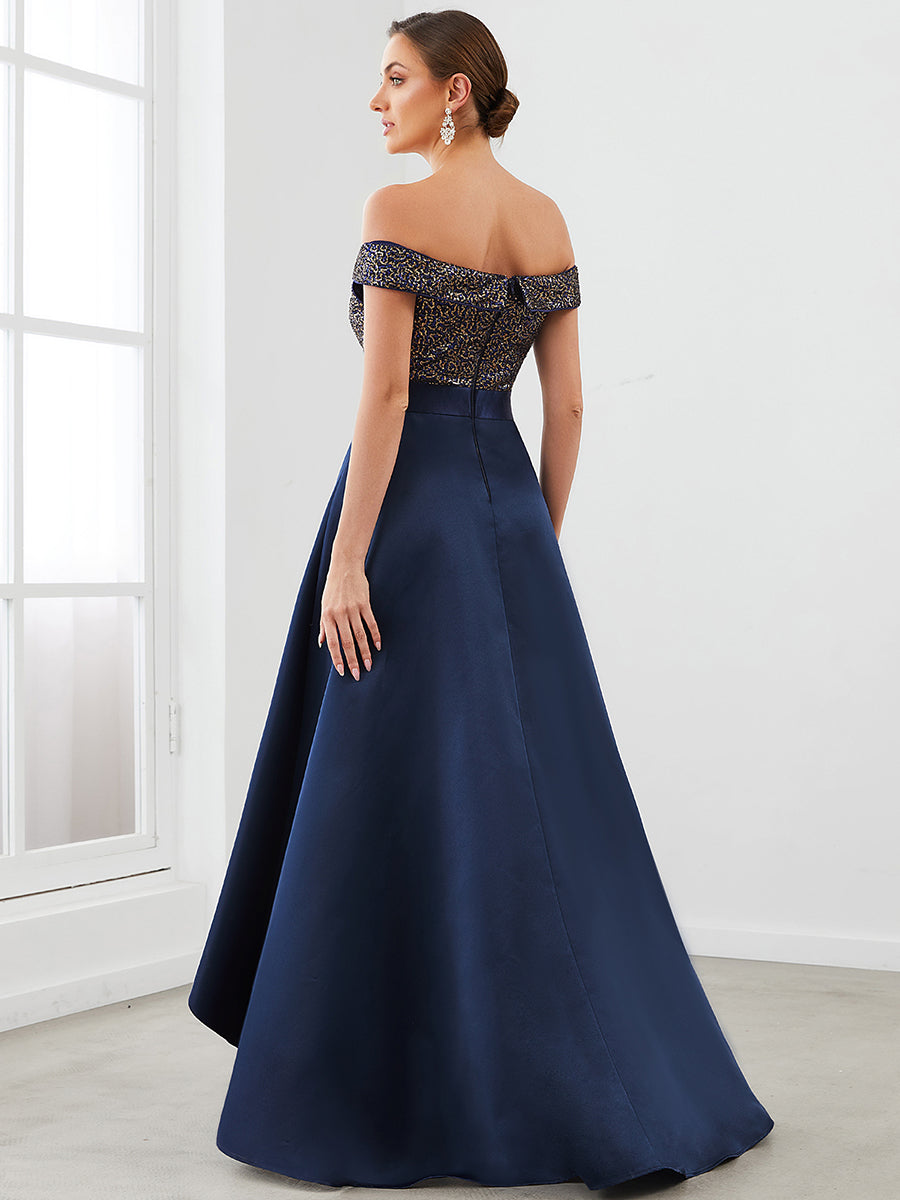 Robe de soirée mi-haute scintillante à épaules dénudées #Couleur_Bordeaux Robe de soirée mi-haute scintillante à épaules dénudées