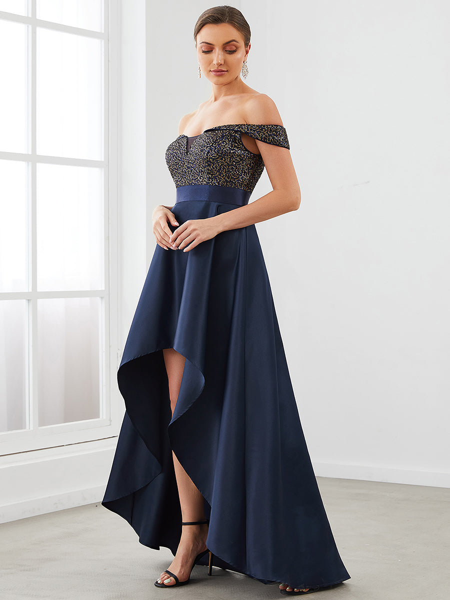 Robe de soirée mi-haute scintillante à épaules dénudées #Couleur_Bordeaux Robe de soirée mi-haute scintillante à épaules dénudées