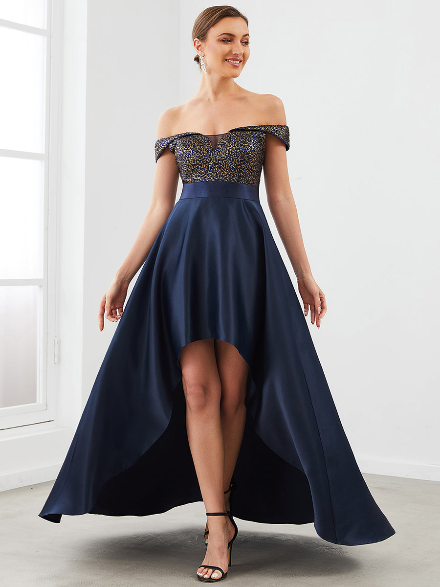 Robe de soirée mi-haute scintillante à épaules dénudées #Couleur_Bordeaux Robe de soirée mi-haute scintillante à épaules dénudées
