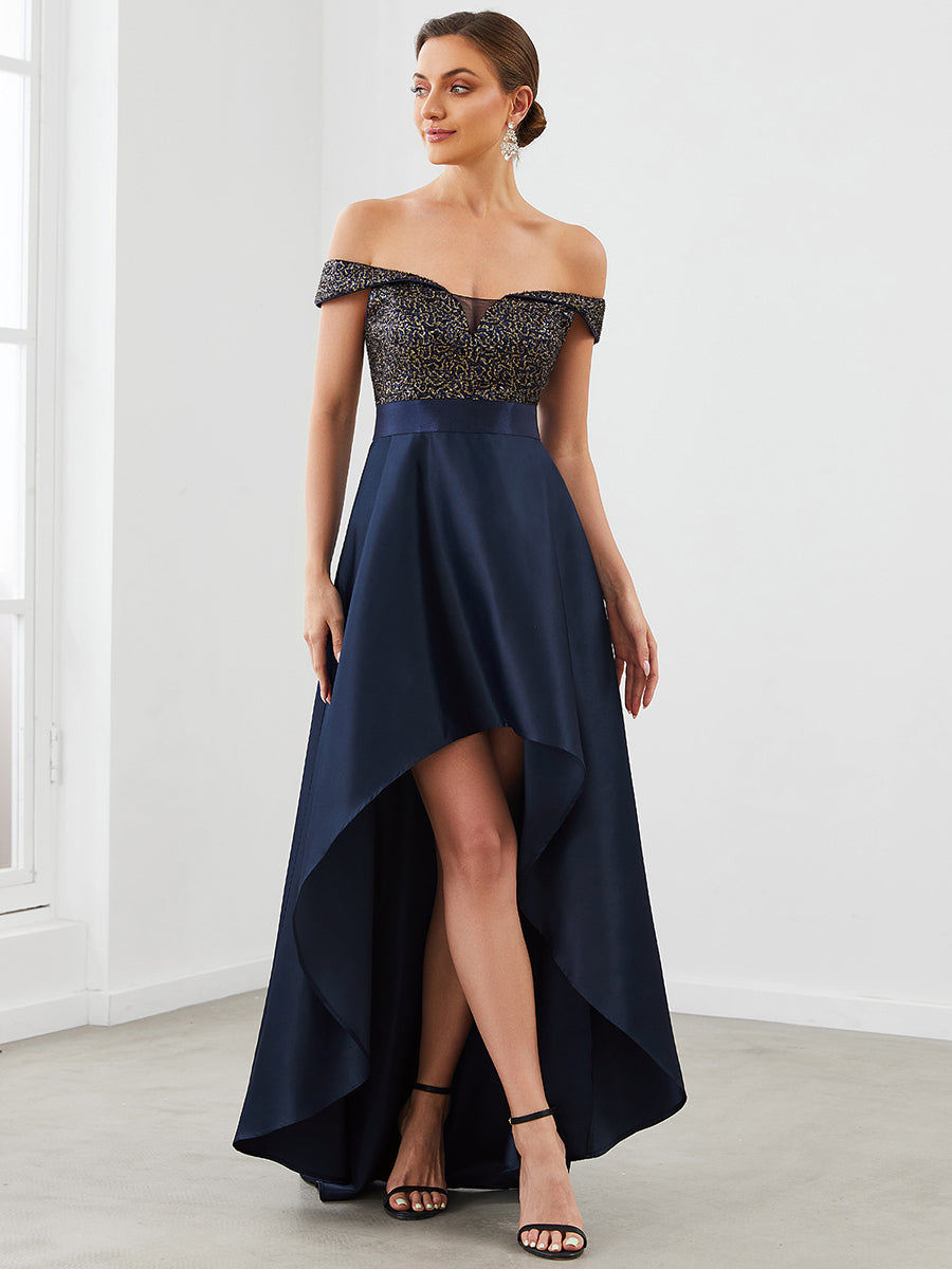 Robe de soirée mi-haute scintillante à épaules dénudées #Couleur_Bordeaux Robe de soirée mi-haute scintillante à épaules dénudées