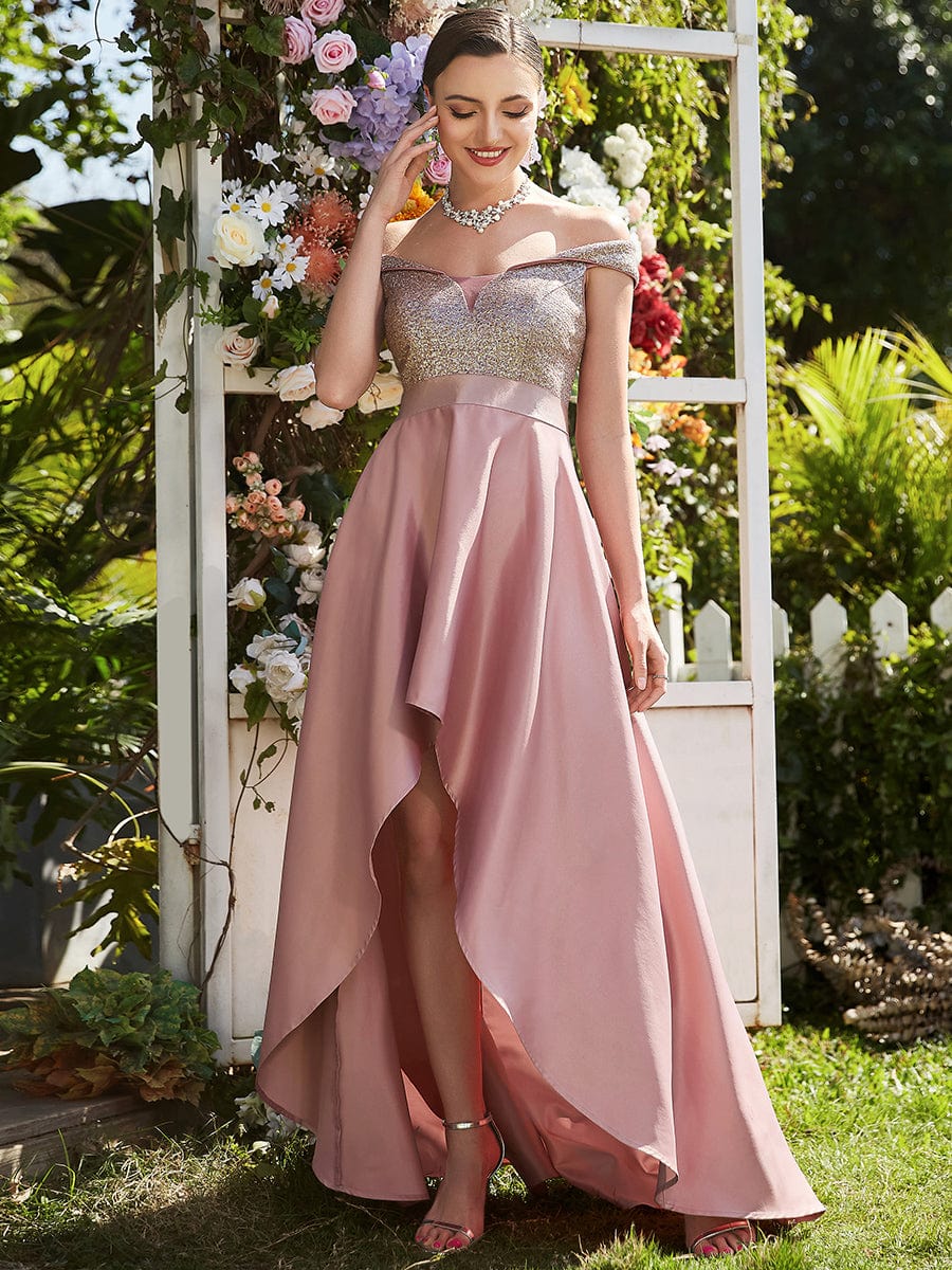 Robe de soirée mi-haute scintillante à épaules dénudées #Couleur_Bordeaux Robe de soirée mi-haute scintillante à épaules dénudées