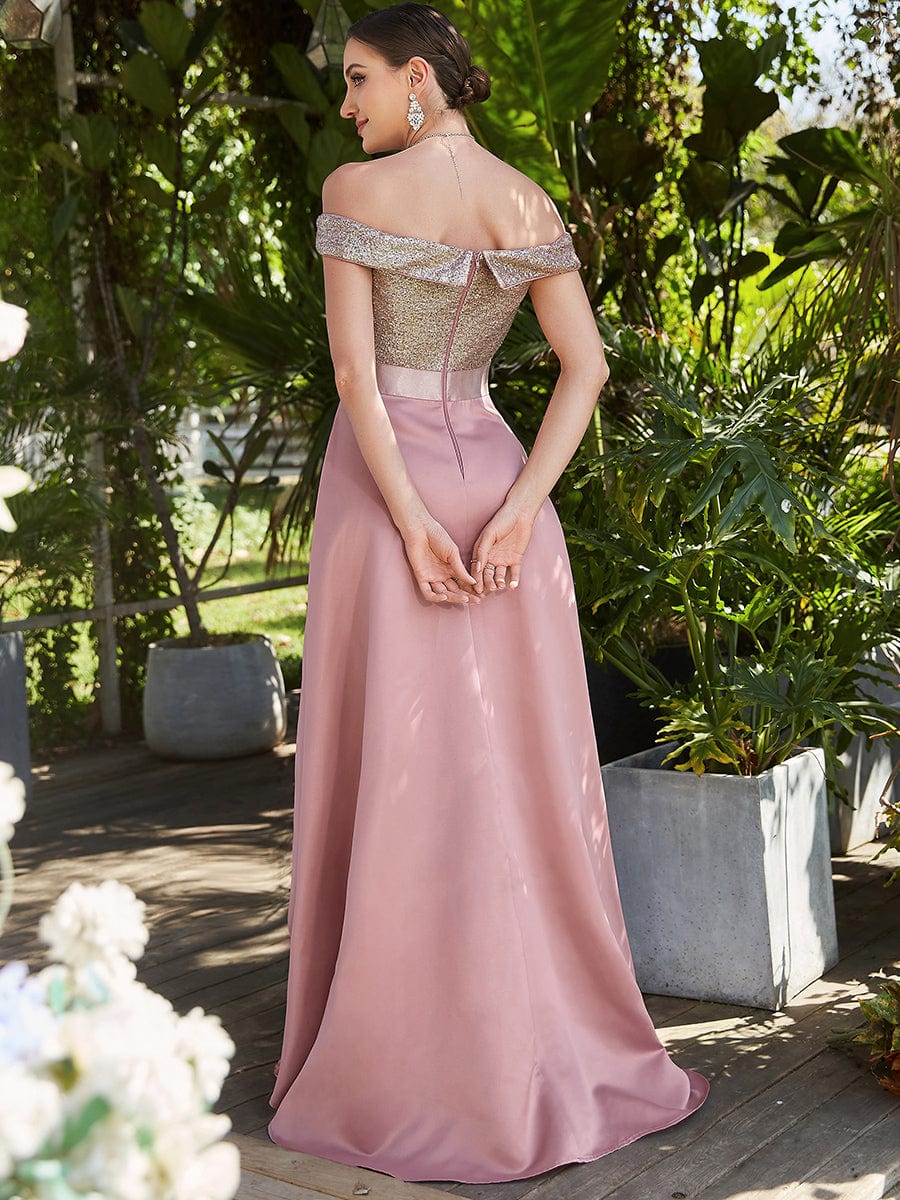 Robe de soirée mi-haute scintillante à épaules dénudées #Couleur_Bordeaux Robe de soirée mi-haute scintillante à épaules dénudées