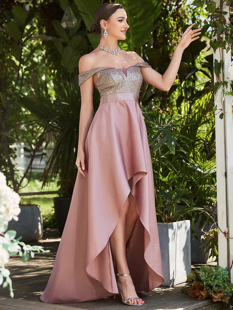 Robe de soirée mi-haute scintillante à épaules dénudées #Couleur_Bordeaux Robe de soirée mi-haute scintillante à épaules dénudées