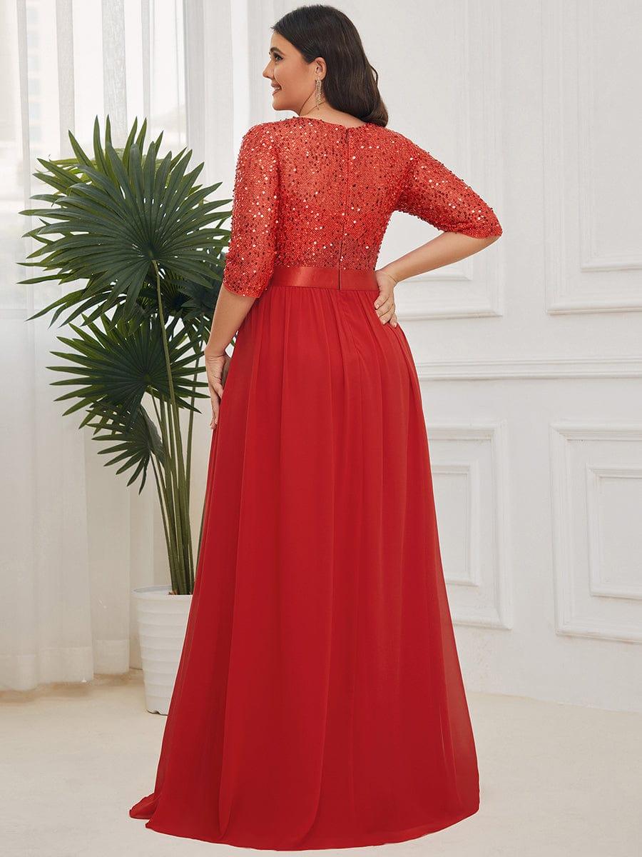Robe de soirée Chic à encolure ronde et à manches 3/4 sequins #Couleur_Rouge