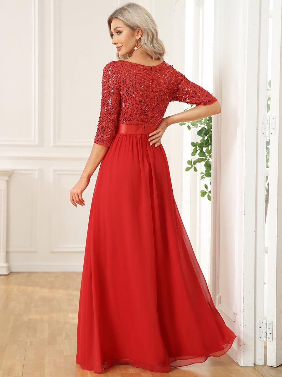 Robe de soirée Chic à encolure ronde et à manches 3/4 sequins #Couleur_Rouge
