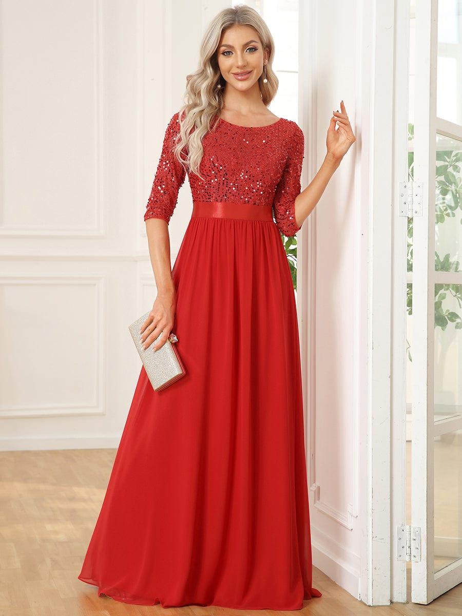 Robe de soirée Chic à encolure ronde et à manches 3/4 sequins #Couleur_Rouge