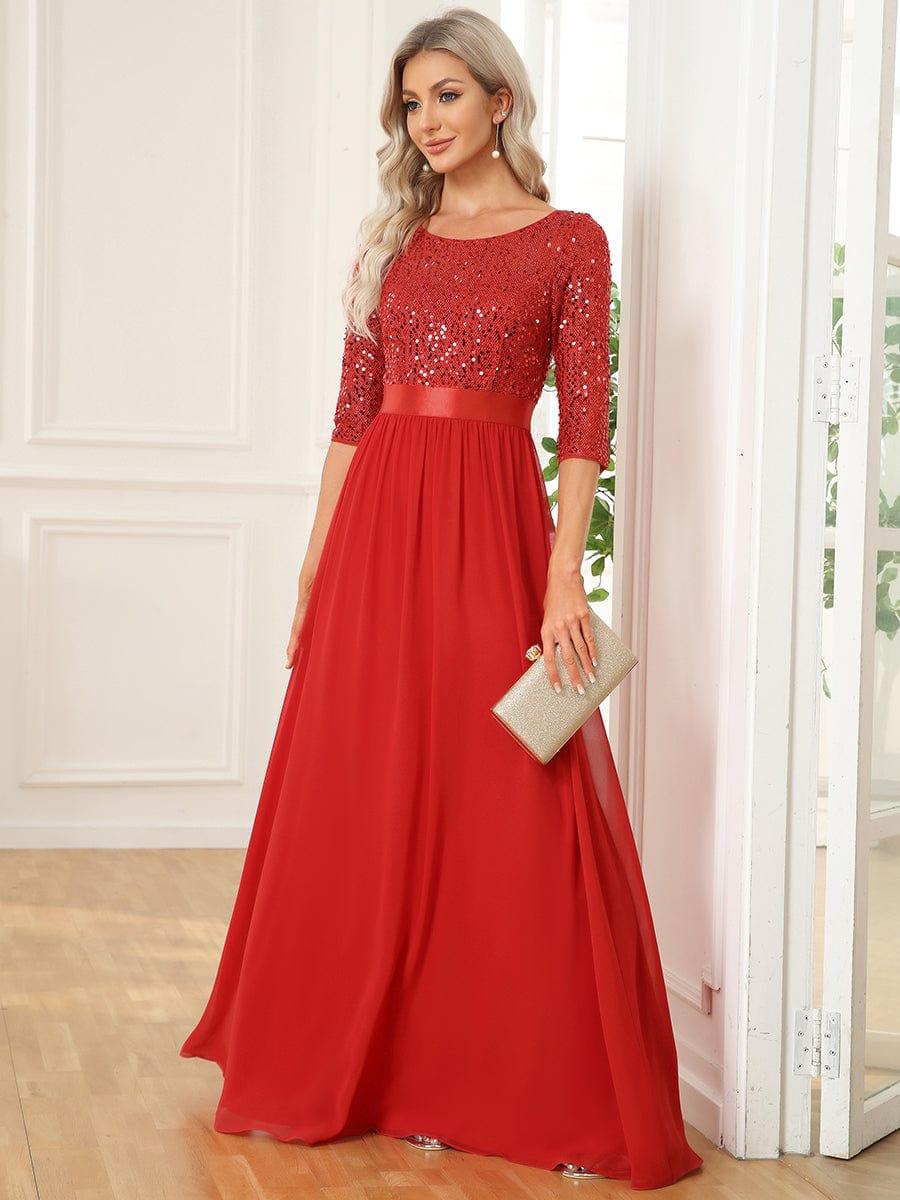 Robe de soirée Chic à encolure ronde et à manches 3/4 sequins #Couleur_Rouge