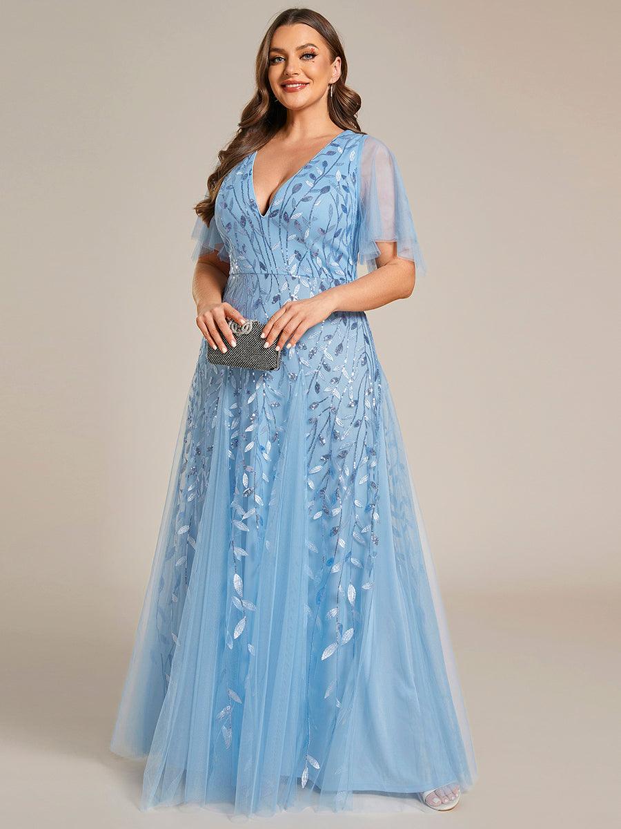 Grande Taille Robe de Soirée Romantique Scintillante à col en V et Manches à Volants #Couleur_Bleu Ciel
