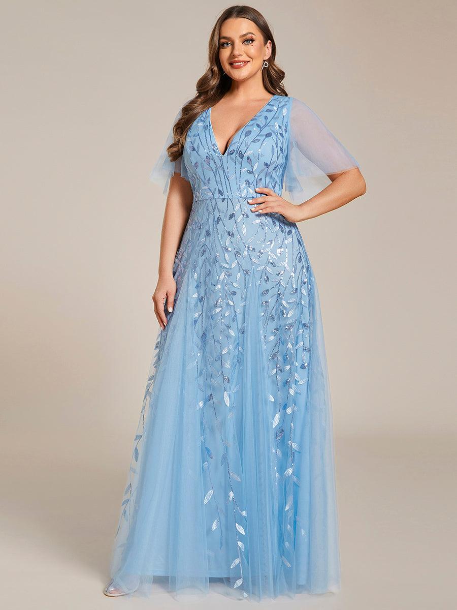Grande Taille Robe de Soirée Romantique Scintillante à col en V et Manches à Volants #Couleur_Bleu Ciel