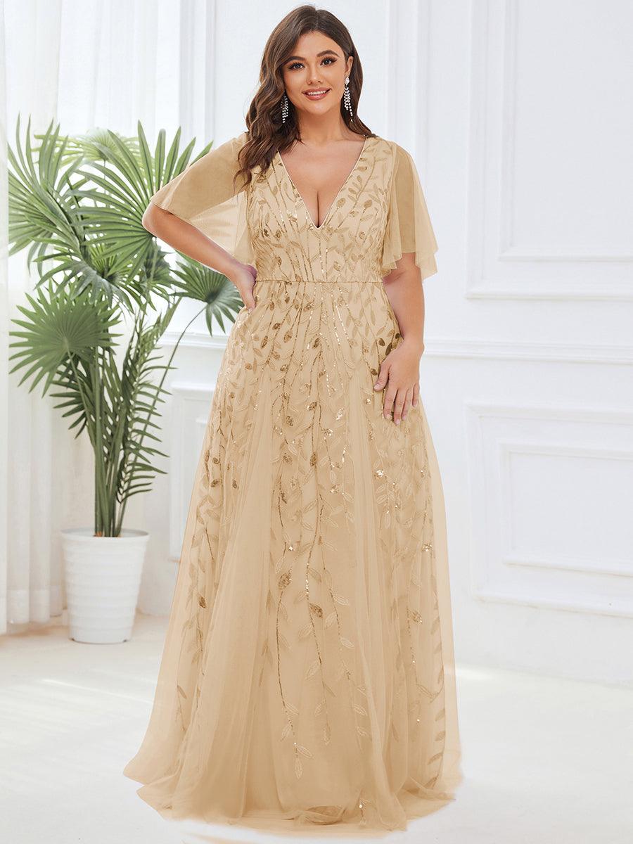 Grande Taille Robe de Soirée Romantique Scintillante à col en V et Manches à Volants #Couleur_Dorée