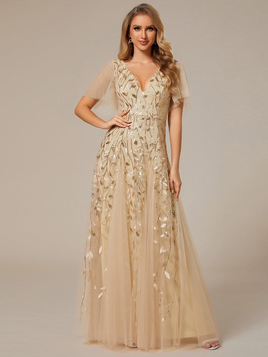 Robe d'Invité de Superbe Mariage Longue à Col en V et Manches à Volants #Couleur_Dorée