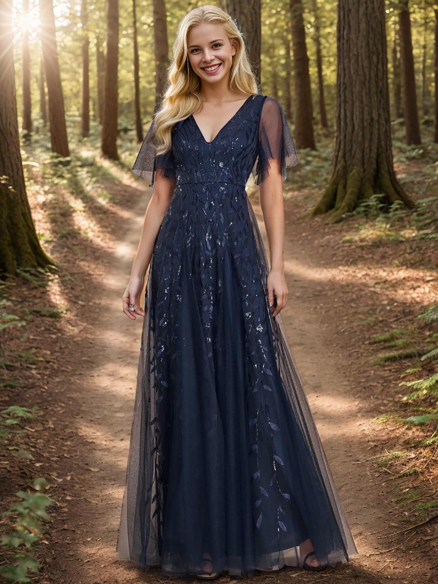 Robe de Soirée Longue Romantique et Scintillante à Col V et Pailletes #Couleur_Bleu Marine