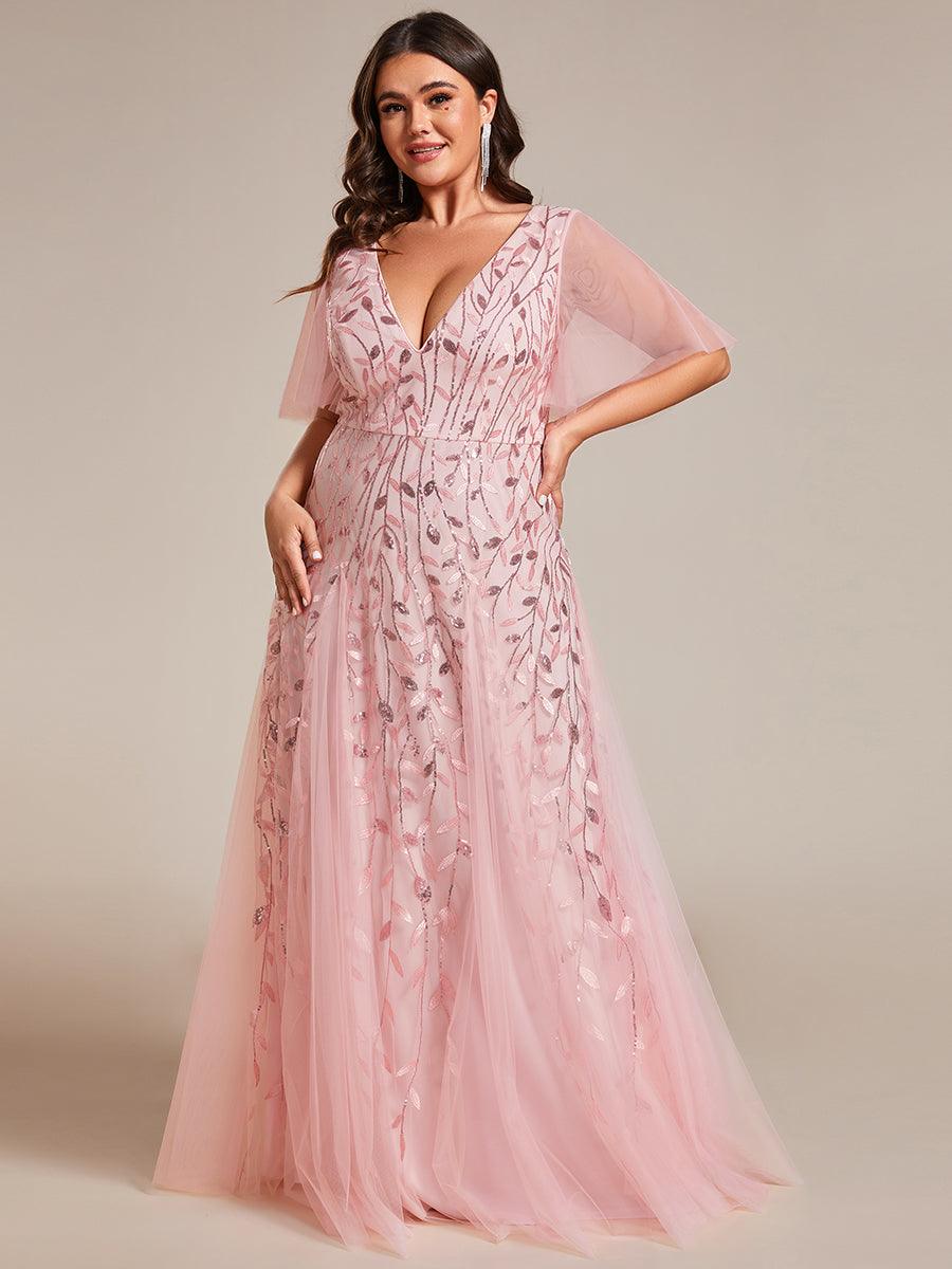 Grande Taille Robe de Soirée Romantique Scintillante à col en V et Manches à Volants #Couleur_Rose