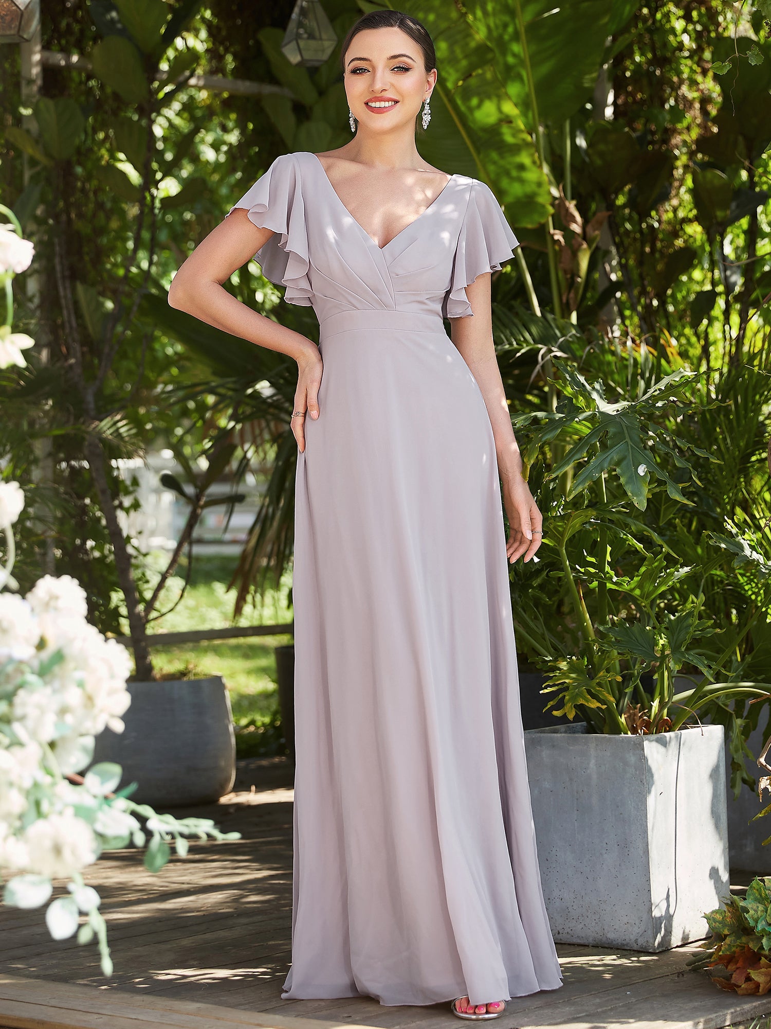 Robe de soirée plissée à manches courtes et longueur au sol #Couleur_Lilas Robe de soirée plissée à manches courtes et longueur au sol