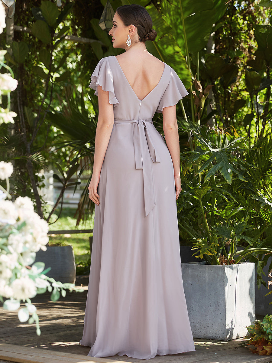 Robe de soirée plissée à manches courtes et longueur au sol #Couleur_Lilas Robe de soirée plissée à manches courtes et longueur au sol