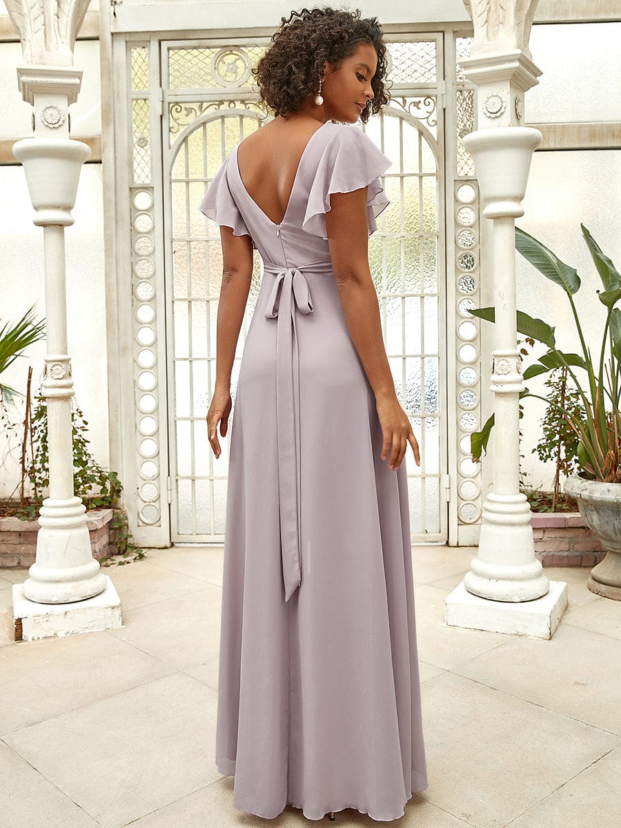 Robe de soirée plissée à manches courtes et longueur au sol #Couleur_Lilas Robe de soirée plissée à manches courtes et longueur au sol