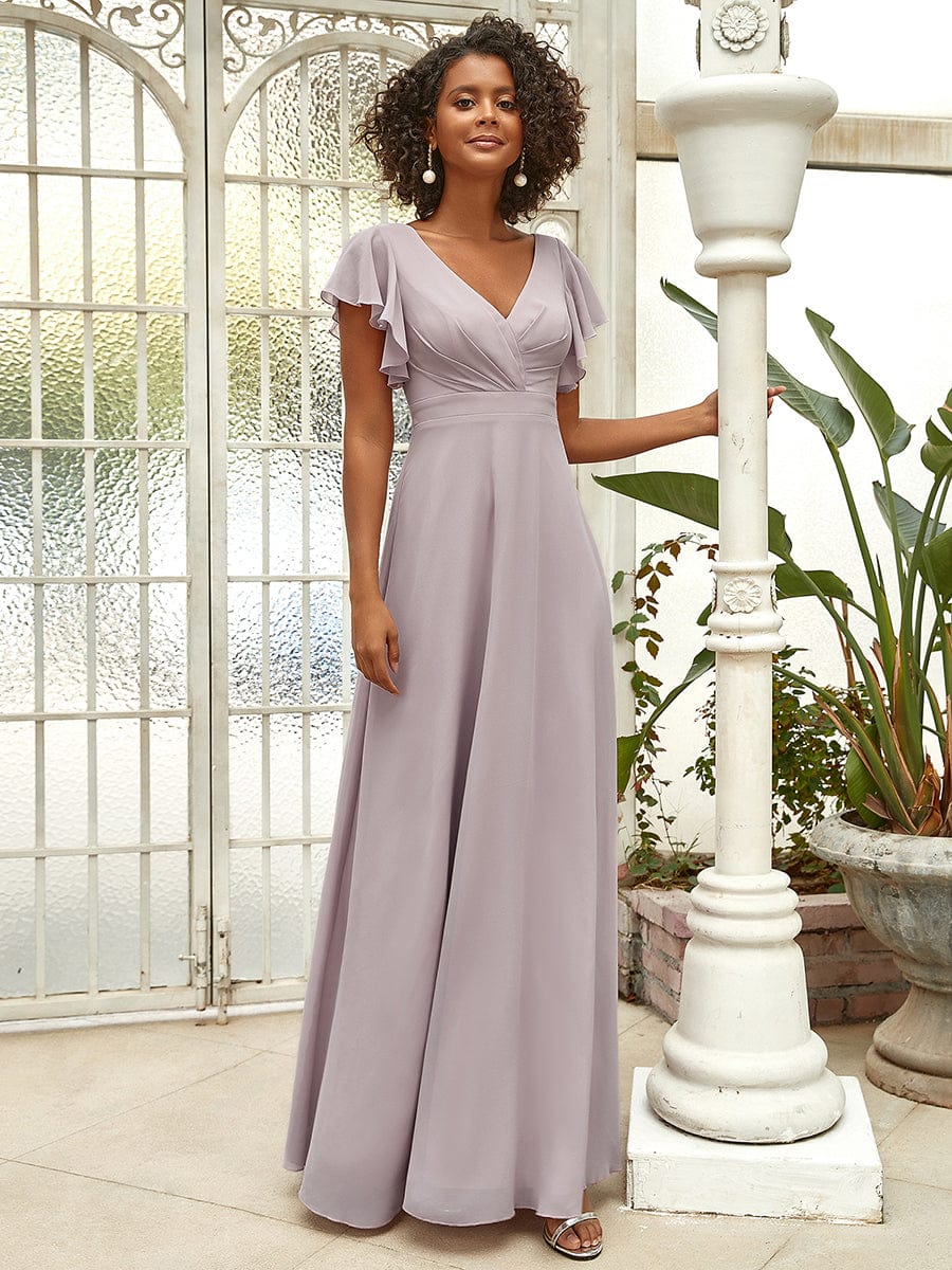 Robe de soirée plissée à manches courtes et longueur au sol #Couleur_Lilas Robe de soirée plissée à manches courtes et longueur au sol