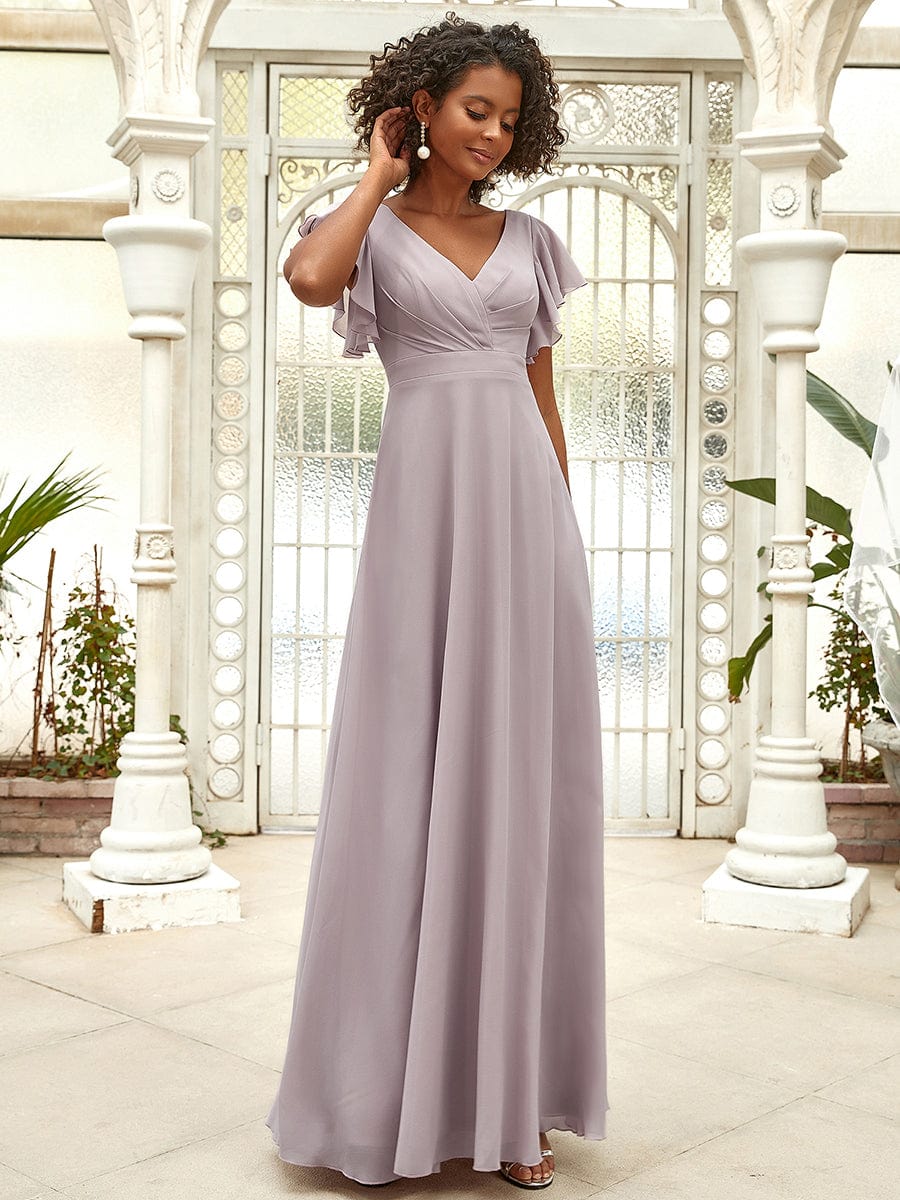 Robe de soirée plissée à manches courtes et longueur au sol #Couleur_Lilas Robe de soirée plissée à manches courtes et longueur au sol