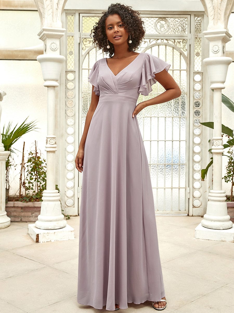 Robe de soirée plissée à manches courtes et longueur au sol #Couleur_Lilas Robe de soirée plissée à manches courtes et longueur au sol