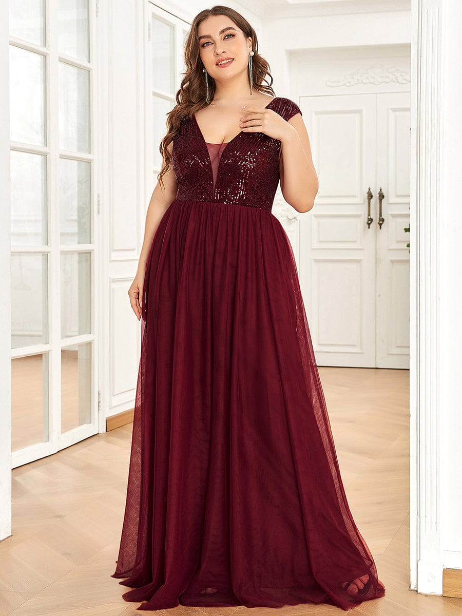 Robe de soirée longue plissée à col en V et à sequins sans manches #Couleur_Bordeaux Robe de soirée longue plissée à col en V et à sequins sans manches