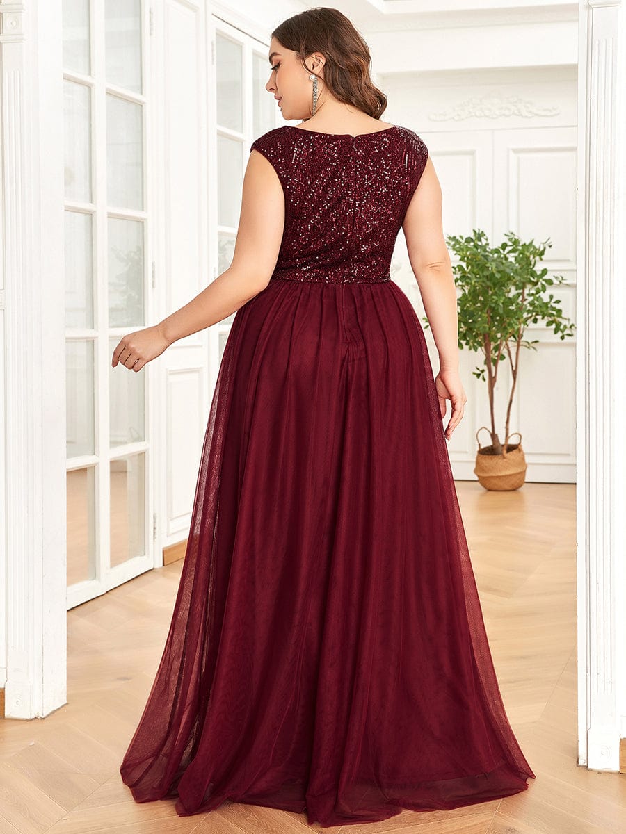 Robe de soirée longue plissée à col en V et à sequins sans manches #Couleur_Bordeaux Robe de soirée longue plissée à col en V et à sequins sans manches