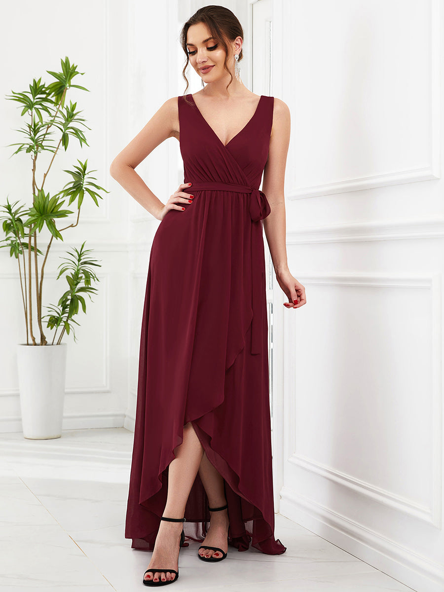 Robe de soirée en mousseline sans manches avec fente et col en V #Couleur_Bordeaux Robe de soirée en mousseline sans manches avec fente et col en V