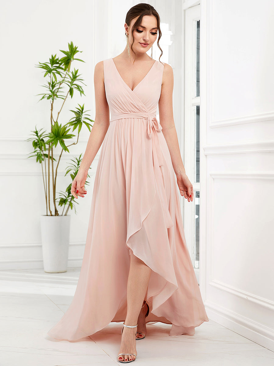 Robe de soirée en mousseline sans manches avec fente et col en V #Couleur_Bordeaux Robe de soirée en mousseline sans manches avec fente et col en V