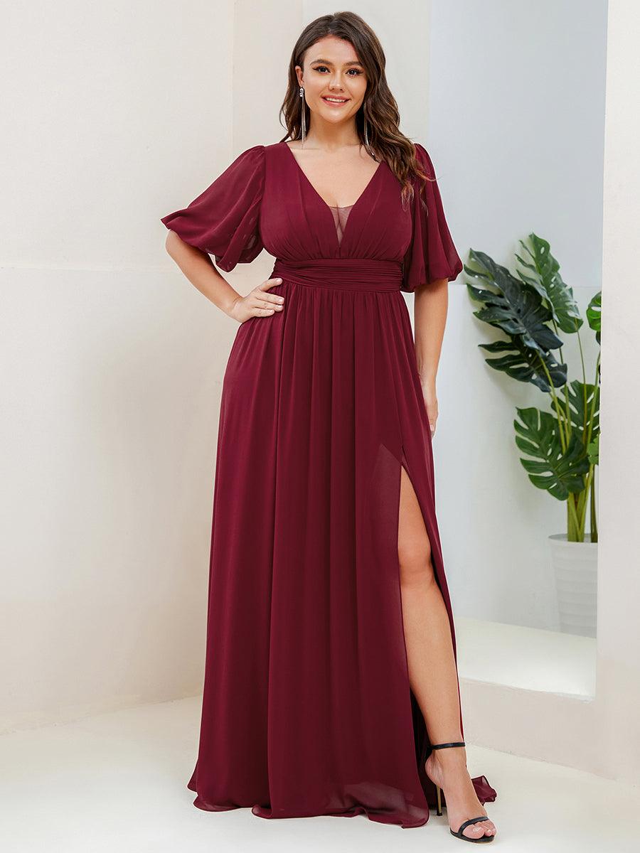 Robe de soirée Mousseline M manches courtes et col en V #Couleur_Bordeaux
